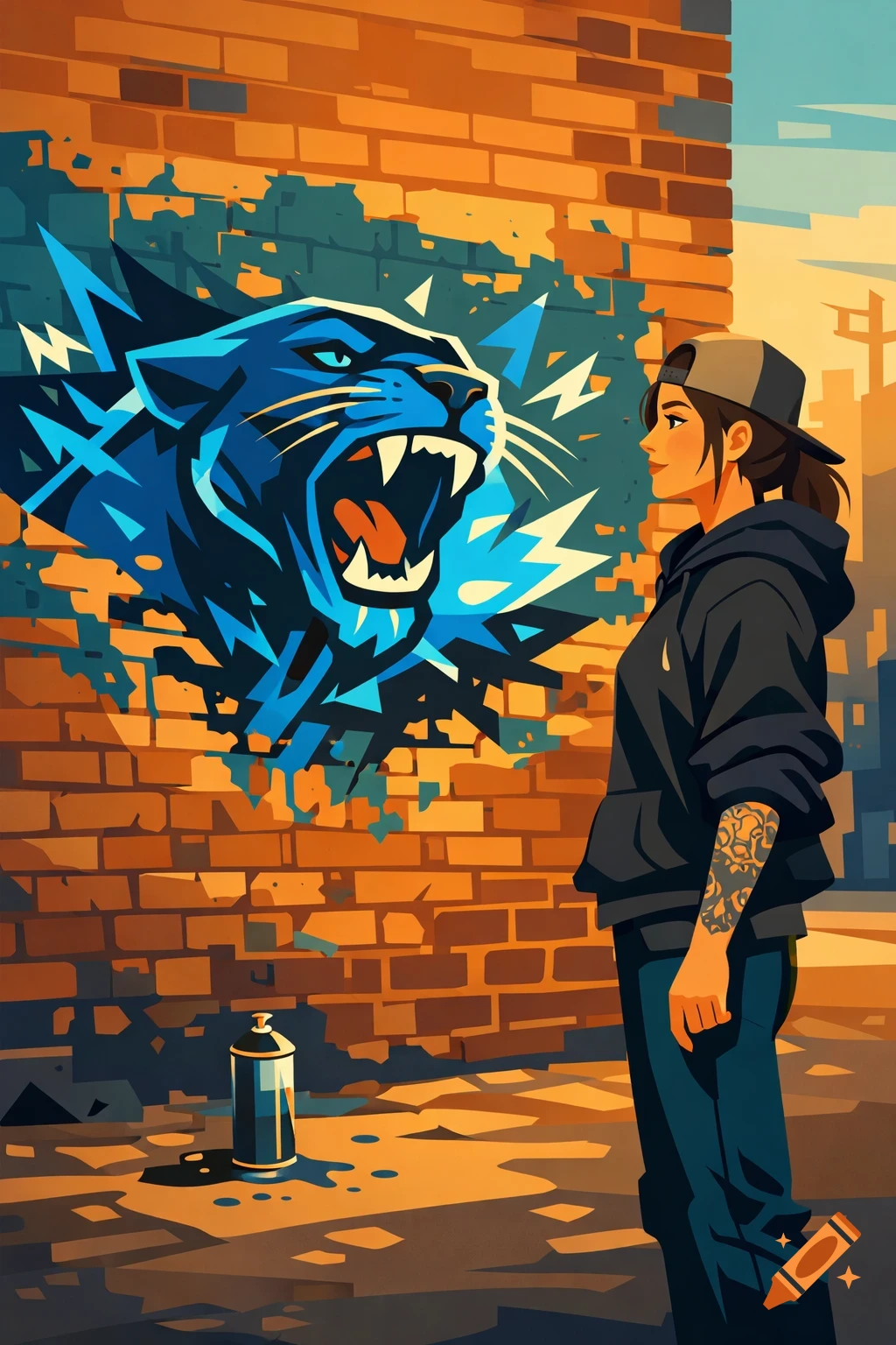 A stylized illustration of a street artist admiring her vibrant blue roaring panther graffiti on a brick wall, with a spray can at her feet.