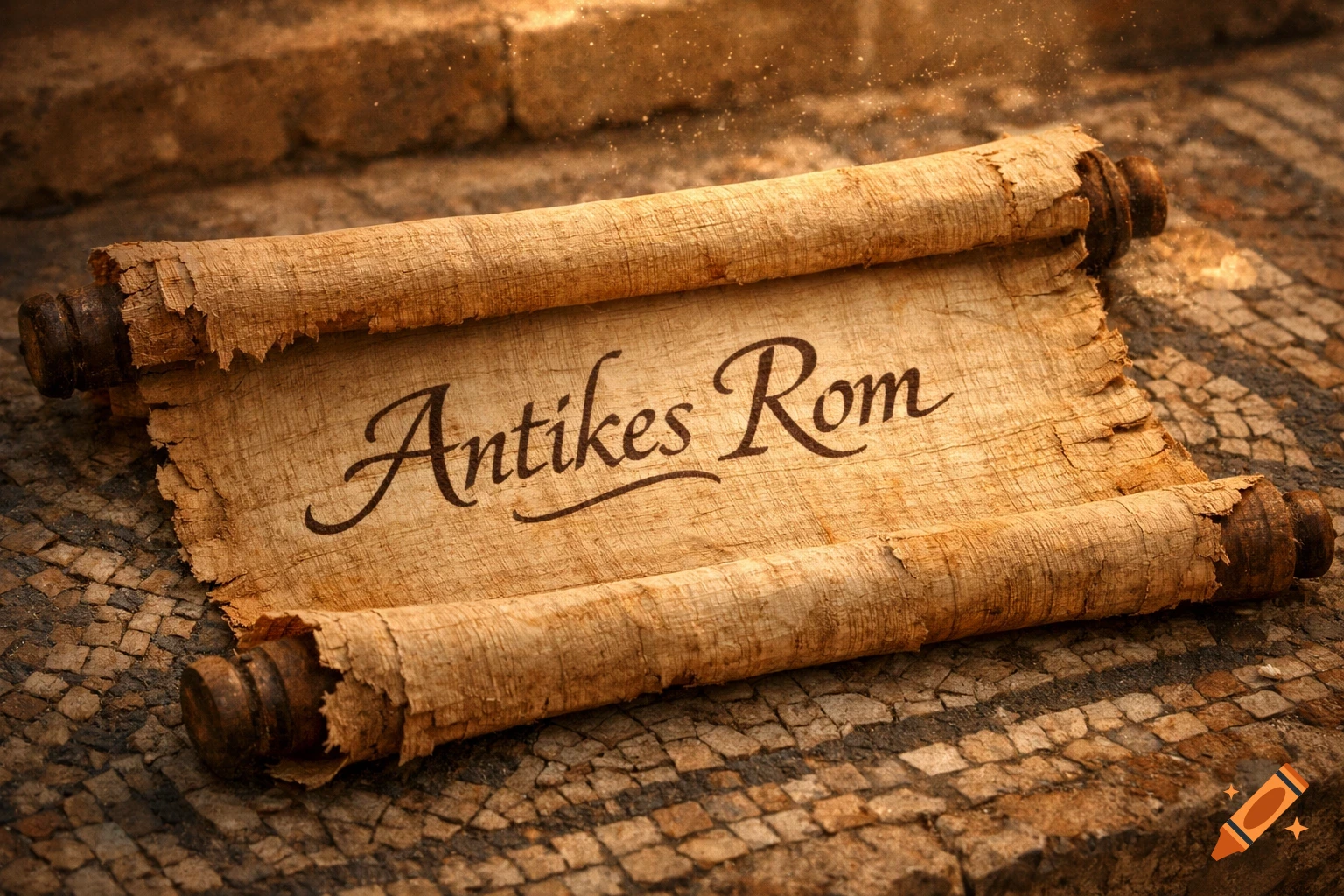 A vintage papyrus scroll with 'Antikes Rom' written in elegant script, resting on an old stone mosaic.
