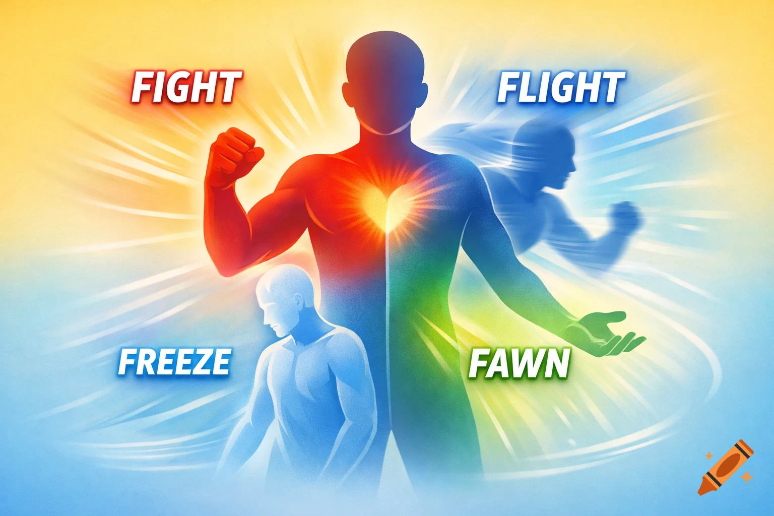 Stylized illustration of four human stress responses: Fight, Flight, Freeze, Fawn, represented by colored silhouettes with glowing light.