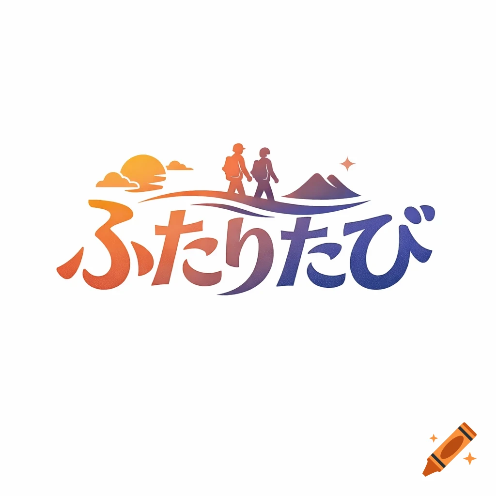 A vibrant logo featuring the Japanese text 'futari tabi' in an orange to blue gradient, with two hikers, a sun, clouds, and a mountain silhouette above.