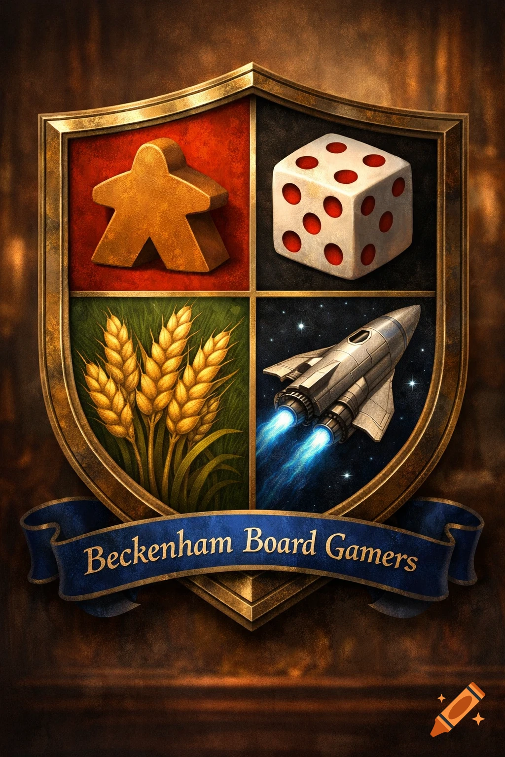 A shield coat of arms with four sections: a meeple, a die, wheat, and a rocket ship. A banner below reads "Beckenham Board Gamers".