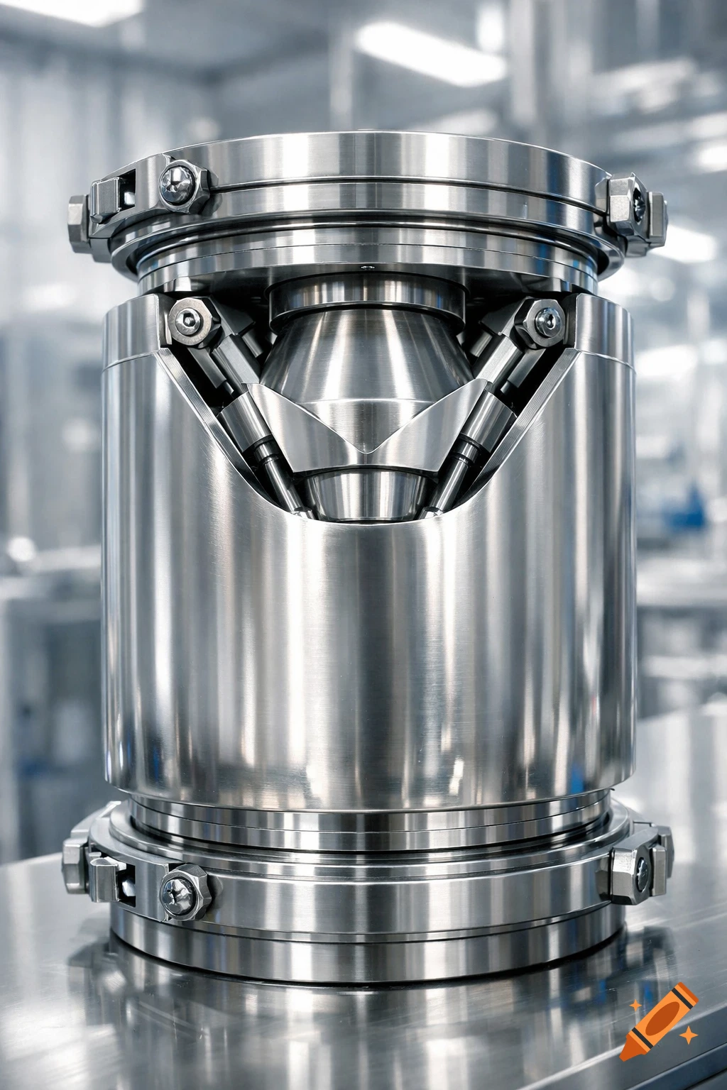 Close-up photorealistic image of a polished stainless steel industrial cylinder with an internal conical mechanism, reflecting ambient light.