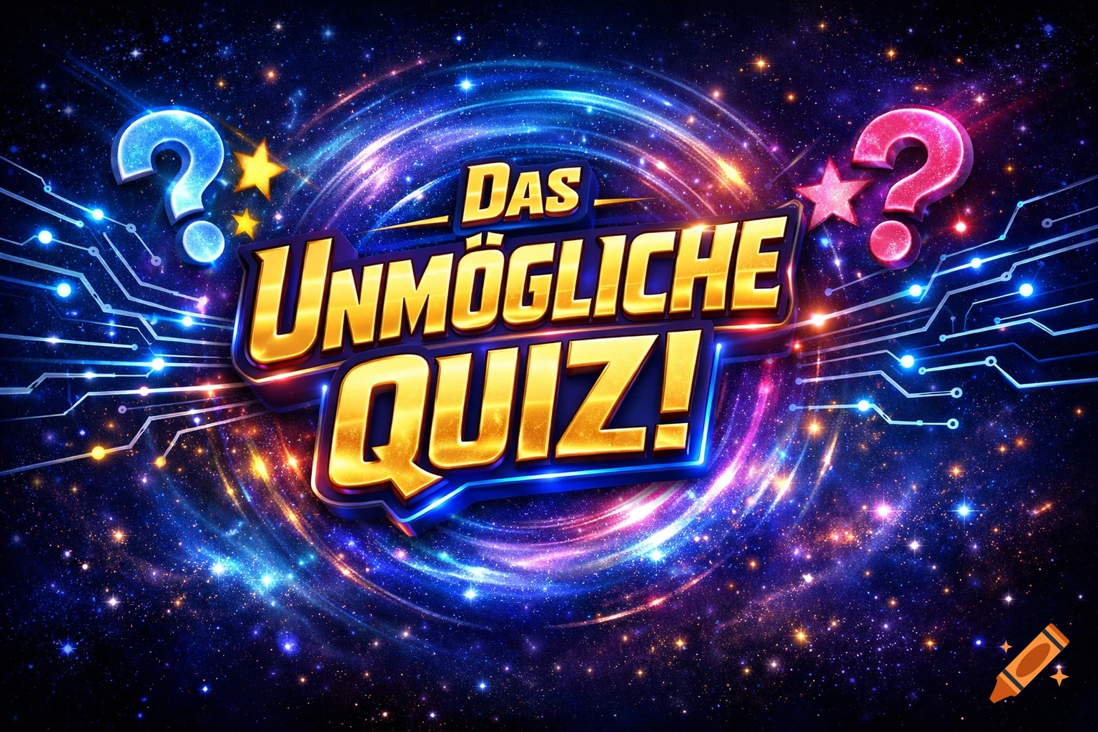 Bright quiz show banner 'Das Unmögliche Quiz!' with glowing text, question marks, and a starry, circuit-patterned space background.