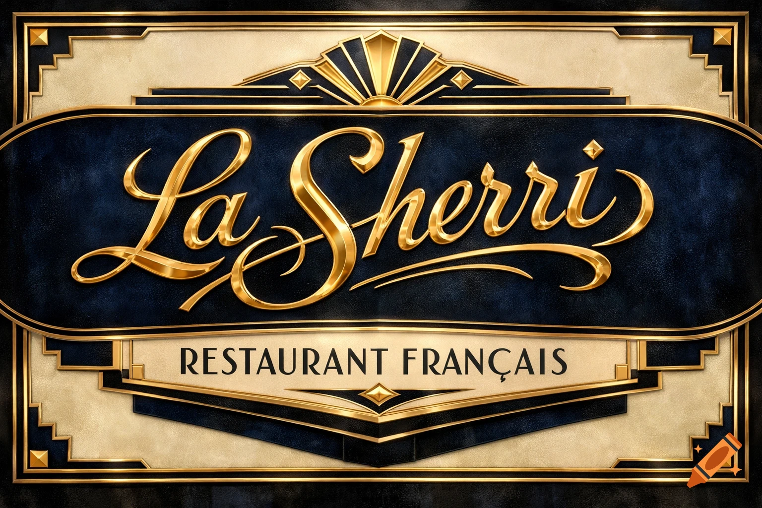 An ornate Art Deco style sign for "La Sherri Restaurant Français", featuring gold script on a dark blue panel with beige and black accents.