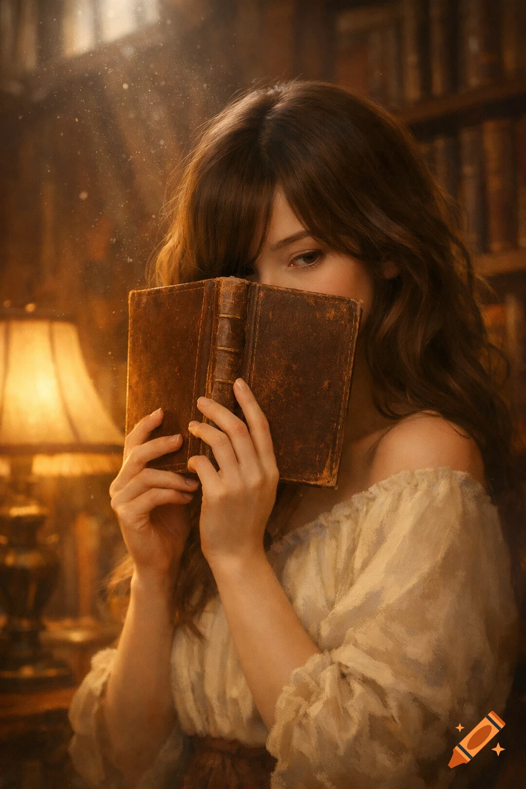 A shy brunette woman in a white dress peeks over an old brown book in a dimly lit, dusty library.