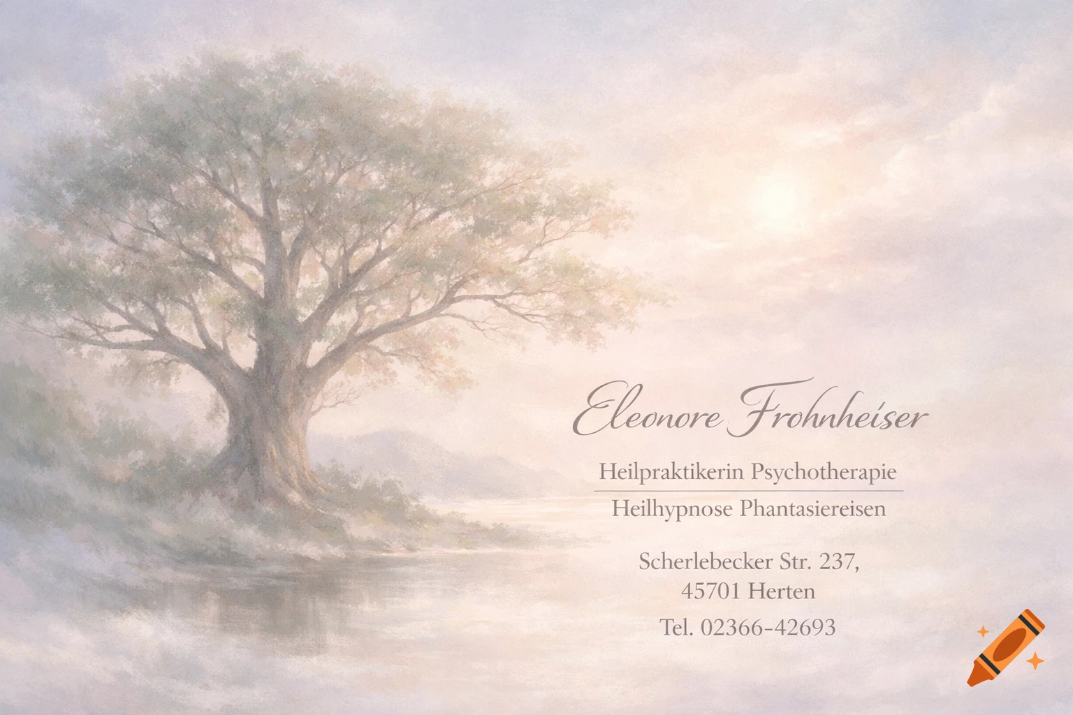 A serene, soft pastel illustration of a large, mature tree by a misty lake under a bright sky, with contact information for Eleonore Frohnheiser on the right.