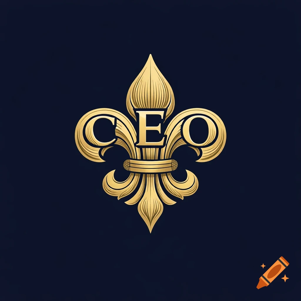 A luxurious golden fleur-de-lis logo with letters C, E, O on a dark navy blue background, in a classic heraldic style.