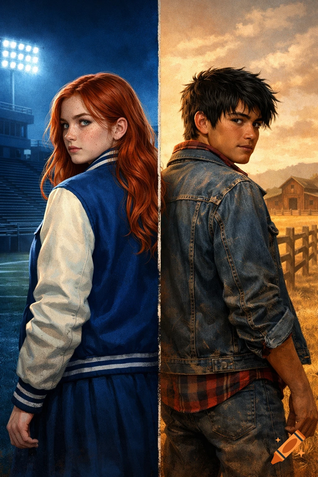 Illustration of a red-haired girl at a stadium and a dark-haired boy on a ranch, back to back, looking over shoulders.