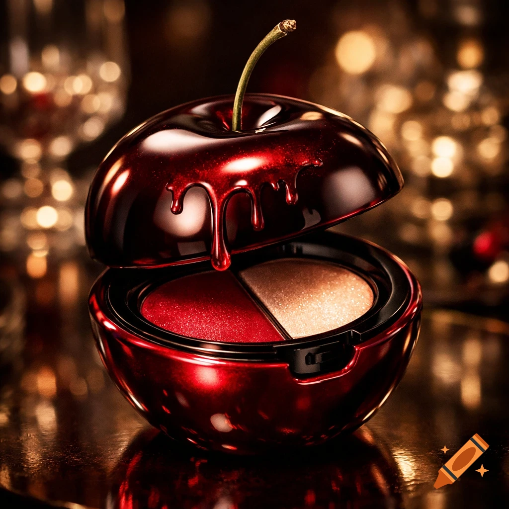 A luxurious dark red, glossy, cherry-shaped makeup compact with a 'blood drip' lid, open to reveal red and gold eyeshadows, set against a blurred, warm background.
