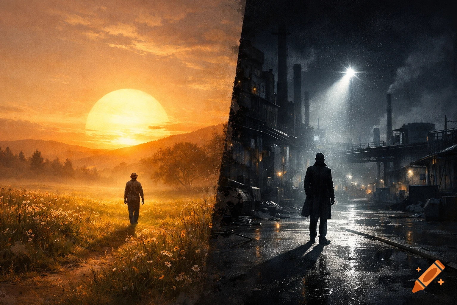 Split image showing a lone figure walking in a sunny, golden meadow on one side and a dark, rainy industrial street on the other.