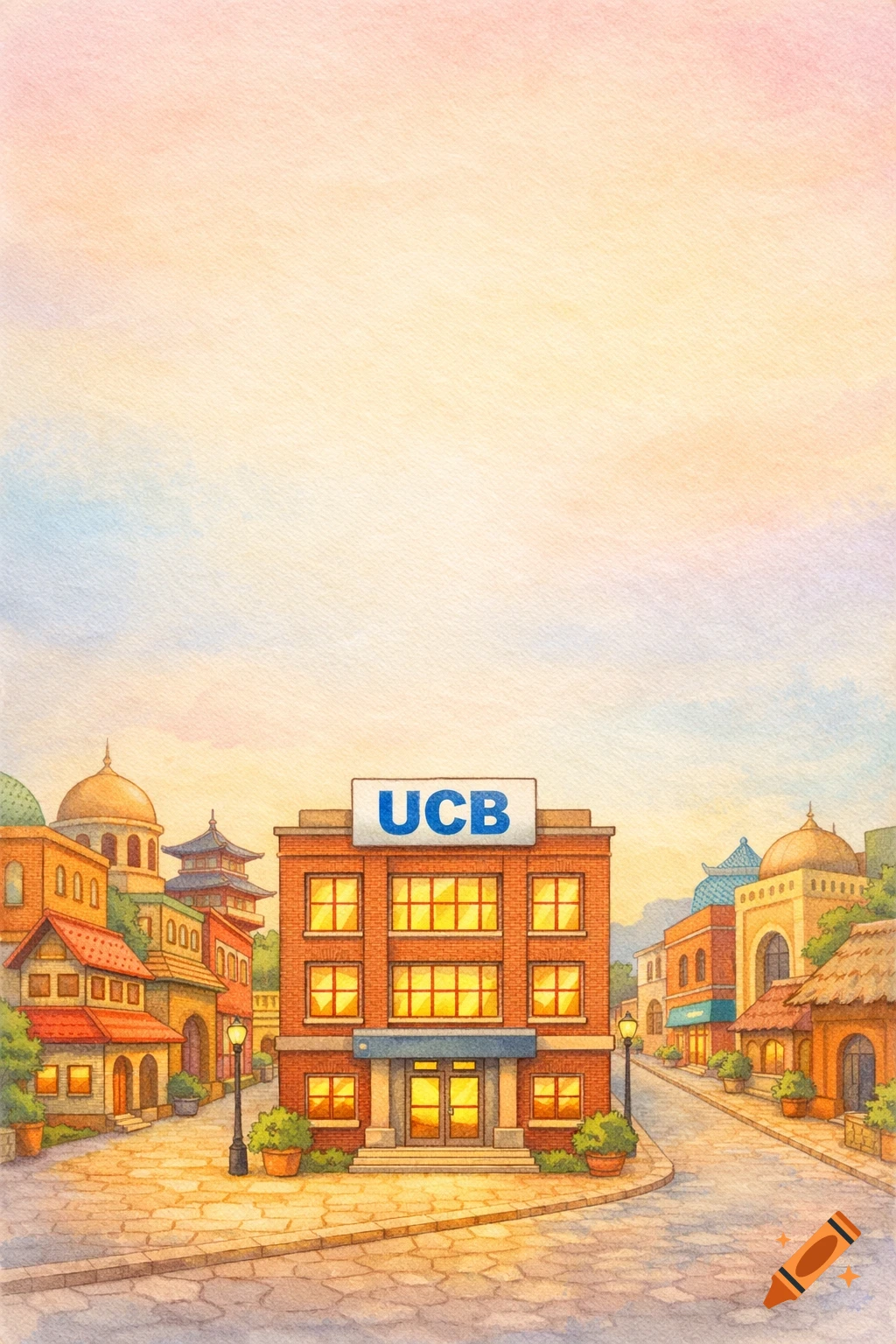 Watercolor illustration of a charming street with diverse traditional buildings and a central red-brick university building with a 'UCB' sign.