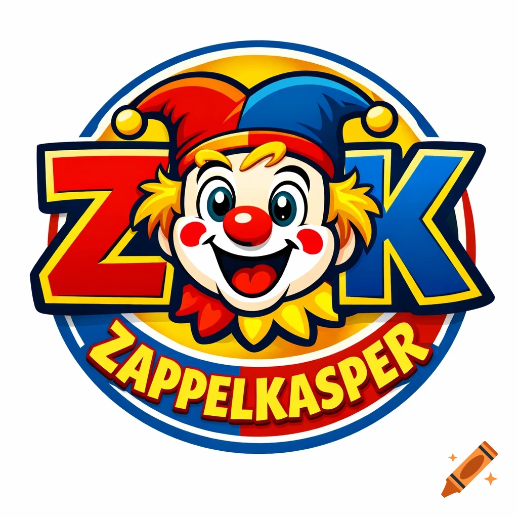 Colorful cartoon logo featuring a smiling clown face with 'Z K' and 'ZAPPELKASPER' text in a circular design.