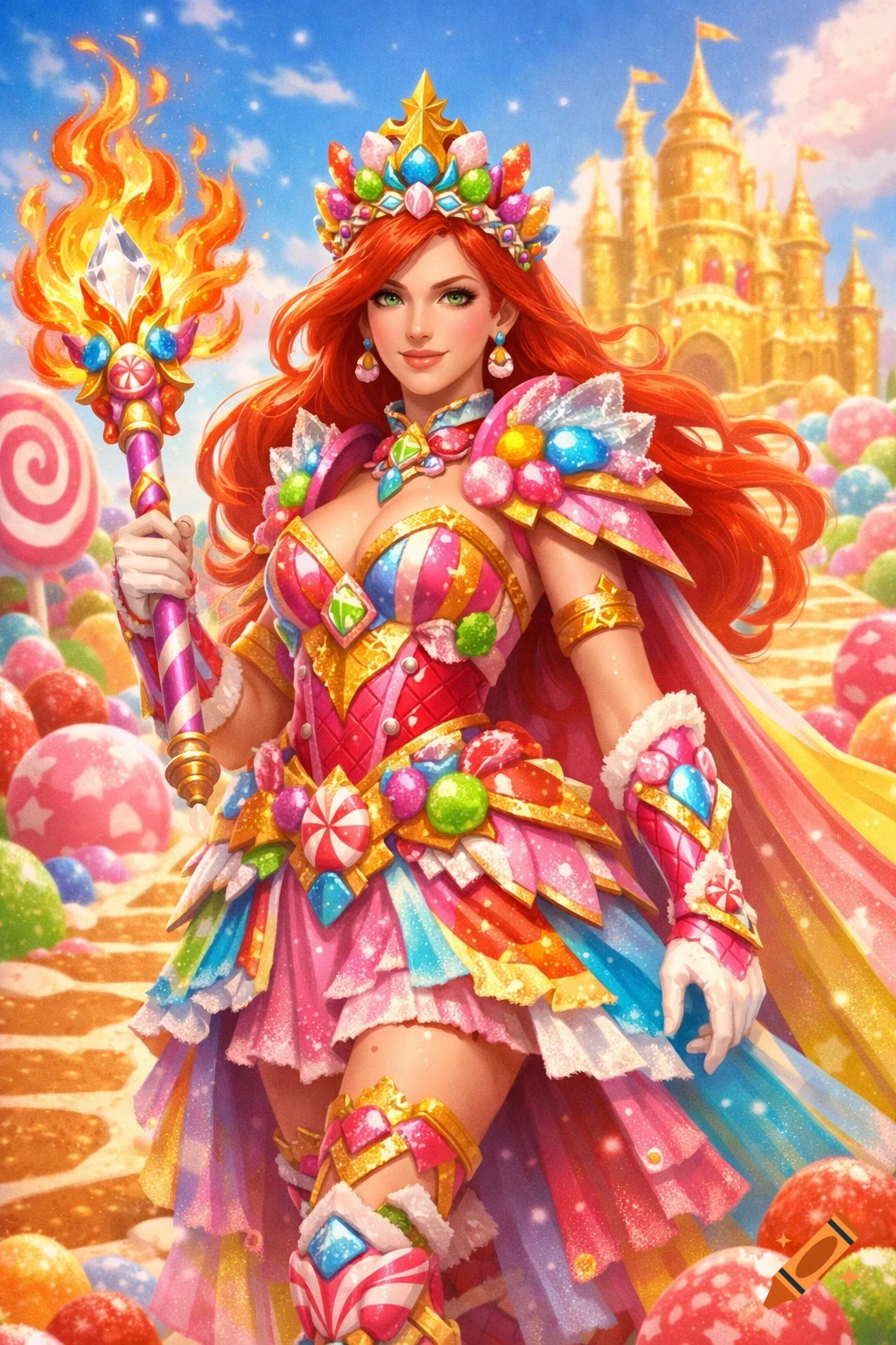 A vibrant candy land warrior princess with long red hair and a candy crown, holding a flaming staff, stands in a landscape of colorful sweets with a golden castle in the background.