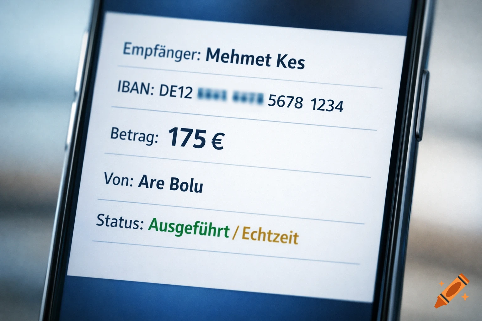 Close-up of a smartphone screen displaying a successful banking transaction summary with recipient, IBAN, amount, sender, and status in German.
