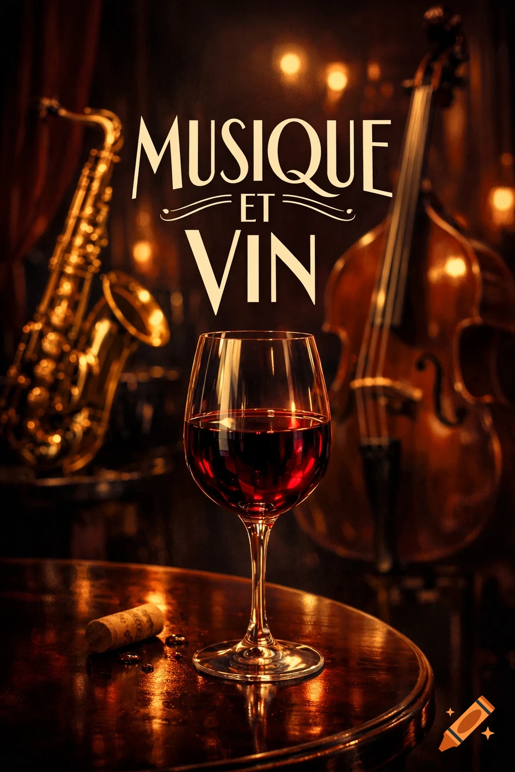 A glass of red wine, cork, saxophone, and double bass in a dark jazz club, with 'MUSIQUE ET VIN' text.