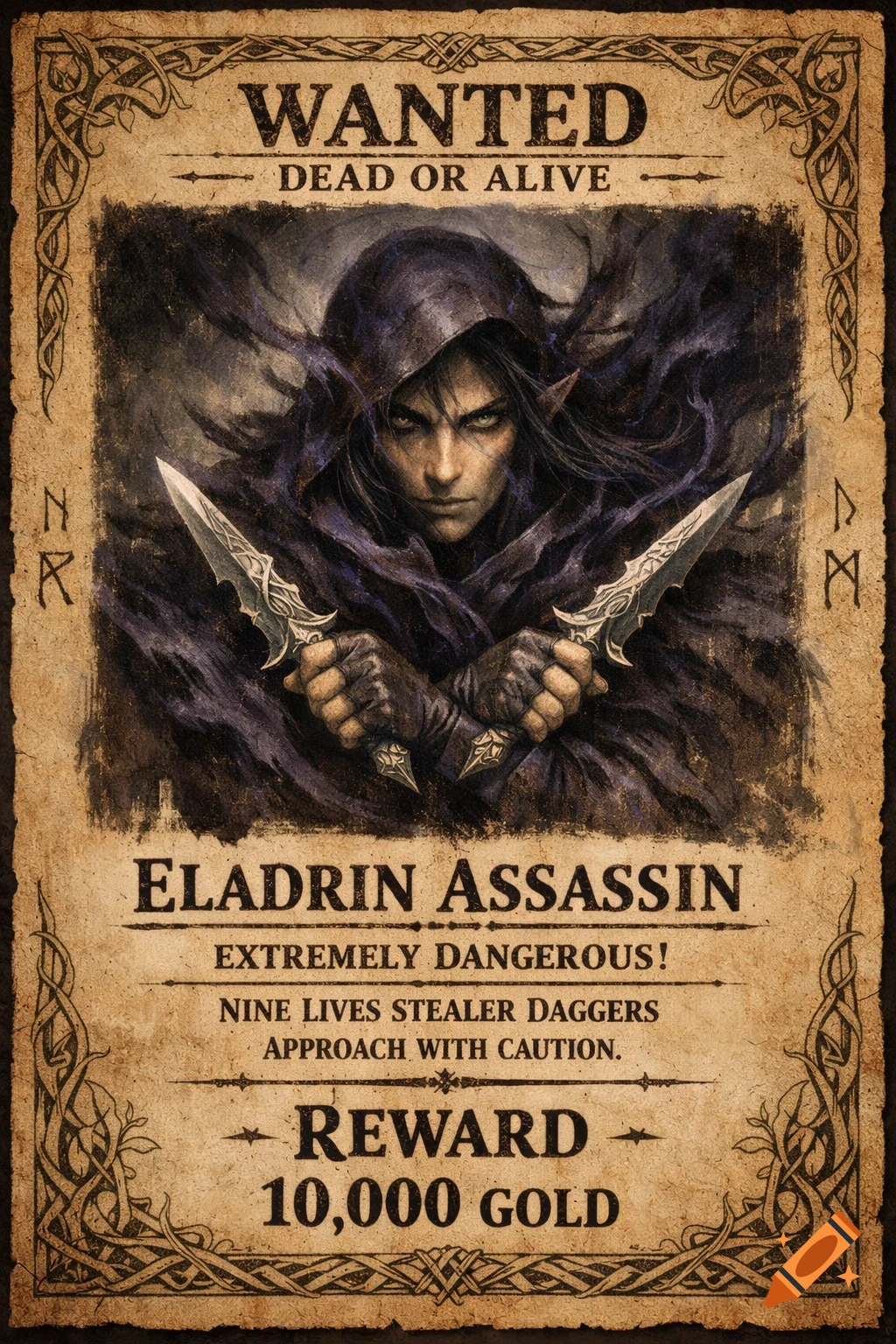 A dark fantasy wanted poster depicts an Eladrin elf assassin with a stern face, wearing a hood and holding two ornate daggers, against a parchment background.