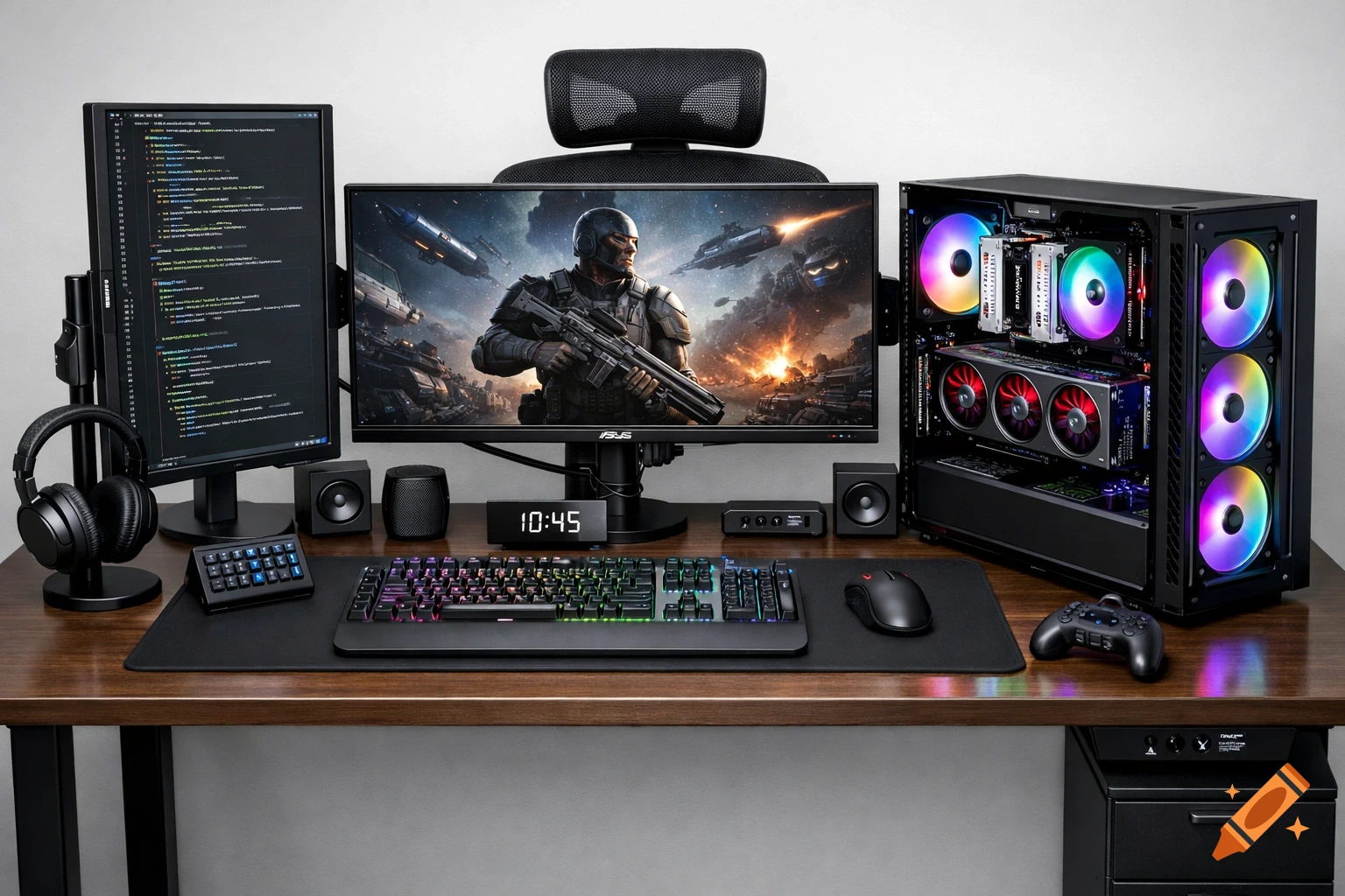A photorealistic image of a high-end gaming desk setup with two monitors, RGB PC tower, keyboard, mouse, headphones, and a controller.
