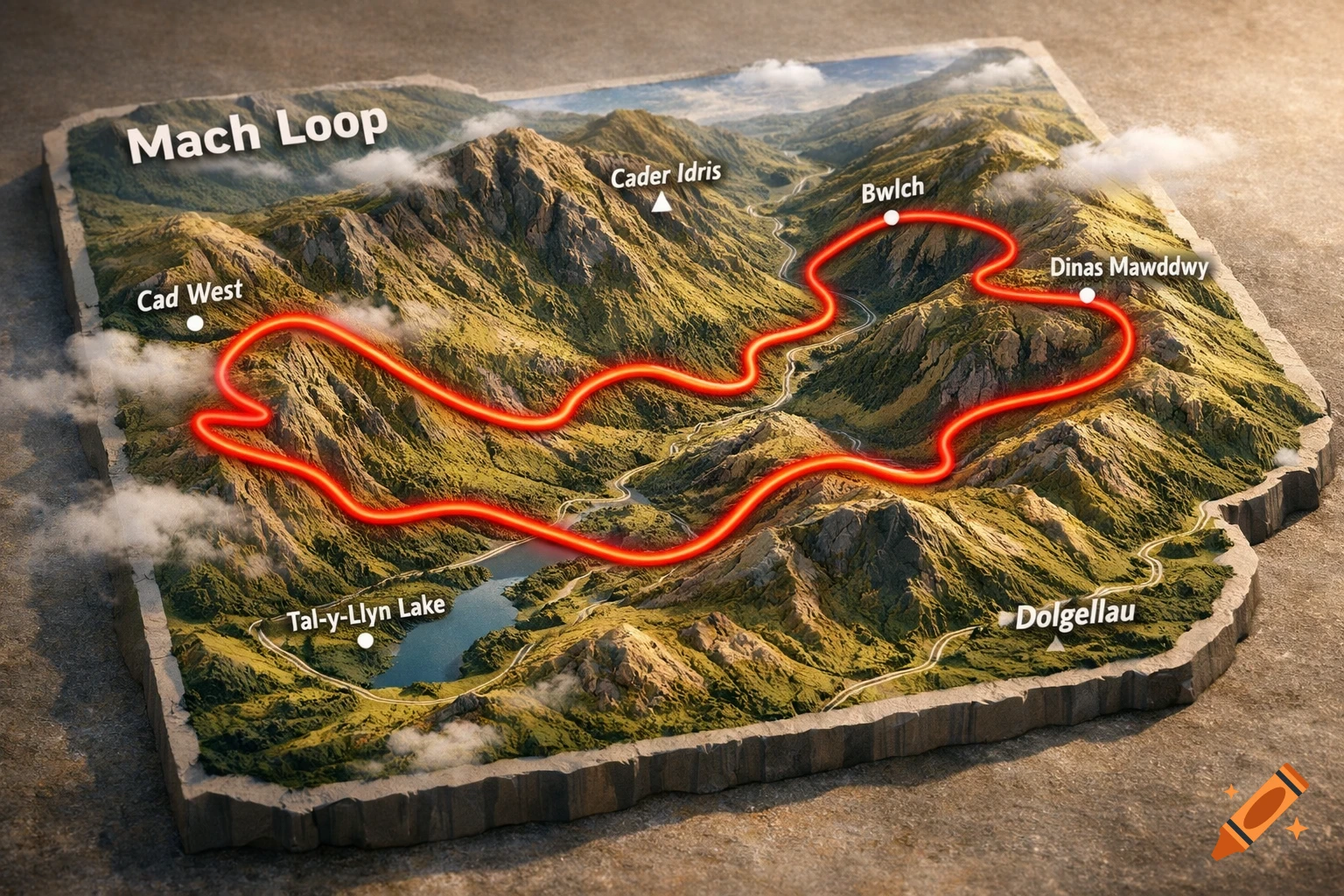 A detailed 3D topographic map of the Mach Loop in Wales, with a glowing red route snaking through green valleys and mountains, labeled with place names.
