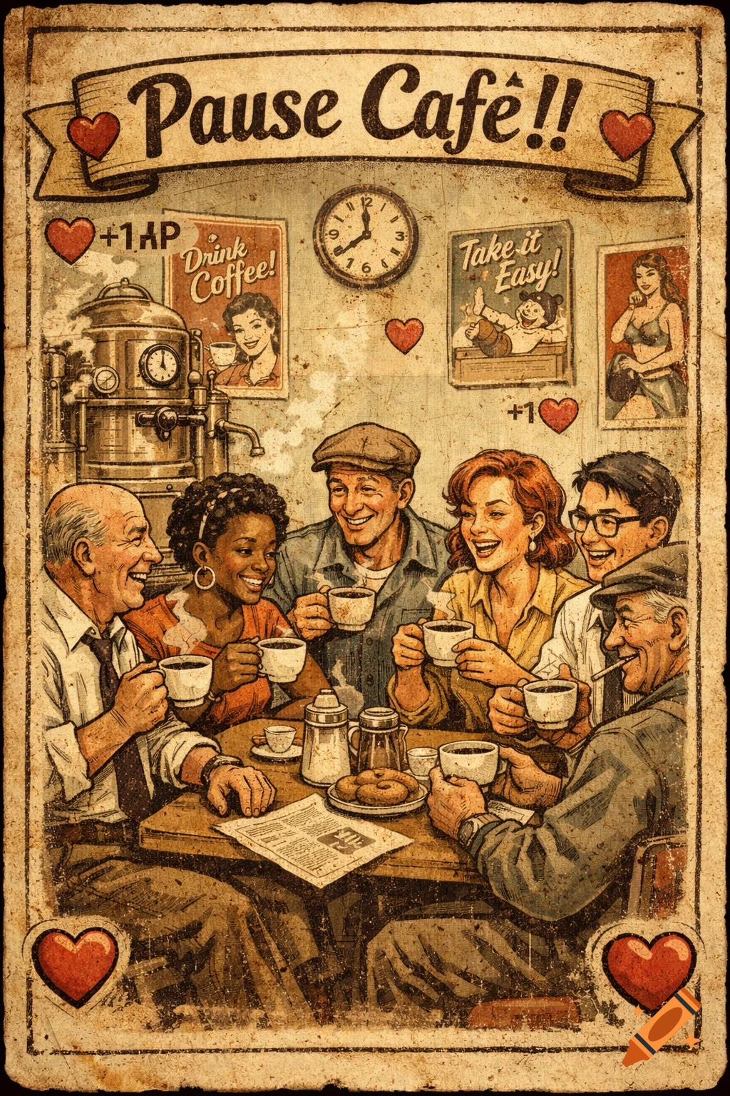 Vintage illustration of a game card titled "Pause Café!!", featuring diverse people laughing and drinking coffee around a table in a 1950s retro cafe, with old posters and a coffee machine in the background, in a hand-drawn style with sepia and faded colors.
