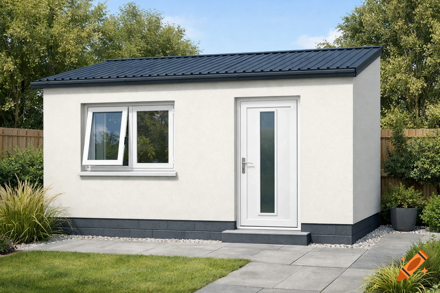 A modern white garden shed with a dark corrugated roof, a white door with a glass panel, and a white window, in a garden setting.