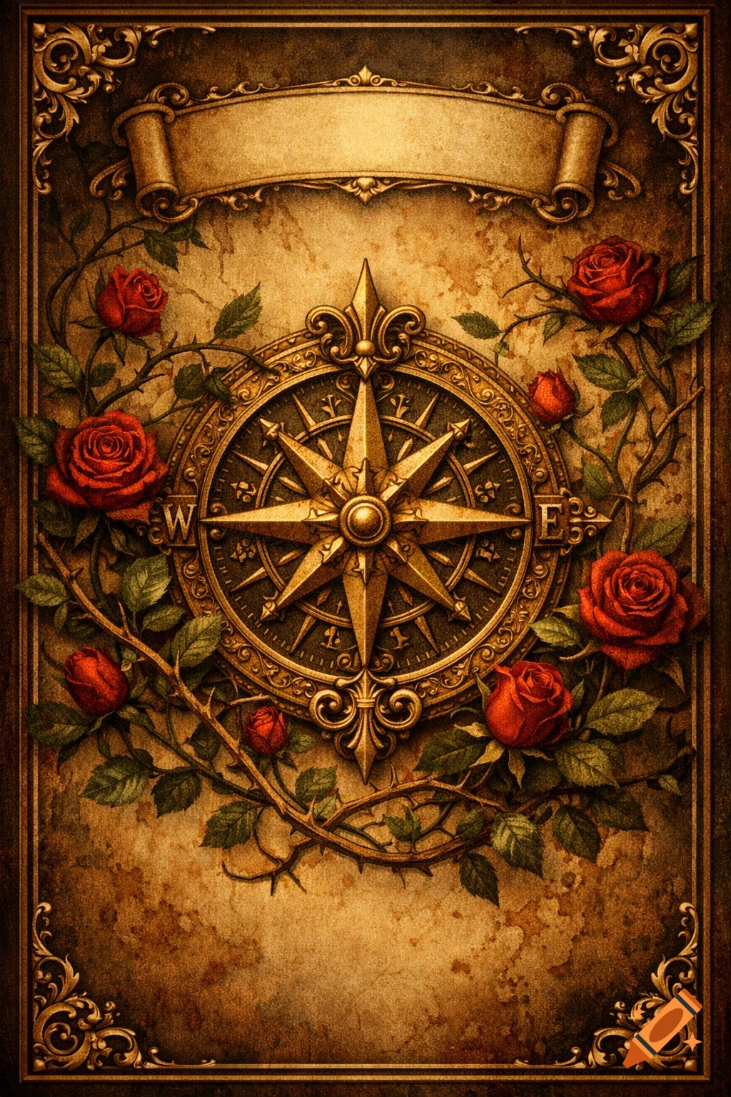 Ornate vintage design with a golden compass rose, red roses, and thorny vines on aged parchment within a decorative frame.