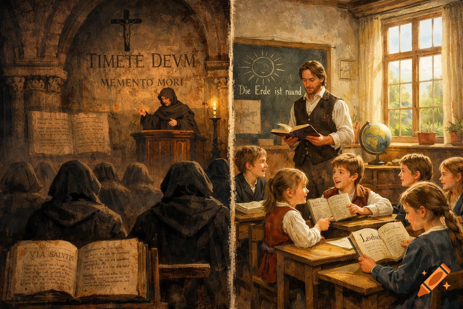 A split image contrasting two eras: on the left, robed monks in a dark church listen to a speaker, with Latin text on the wall. On the right, a bright classroom with a teacher and children, with German text on a chalkboard.