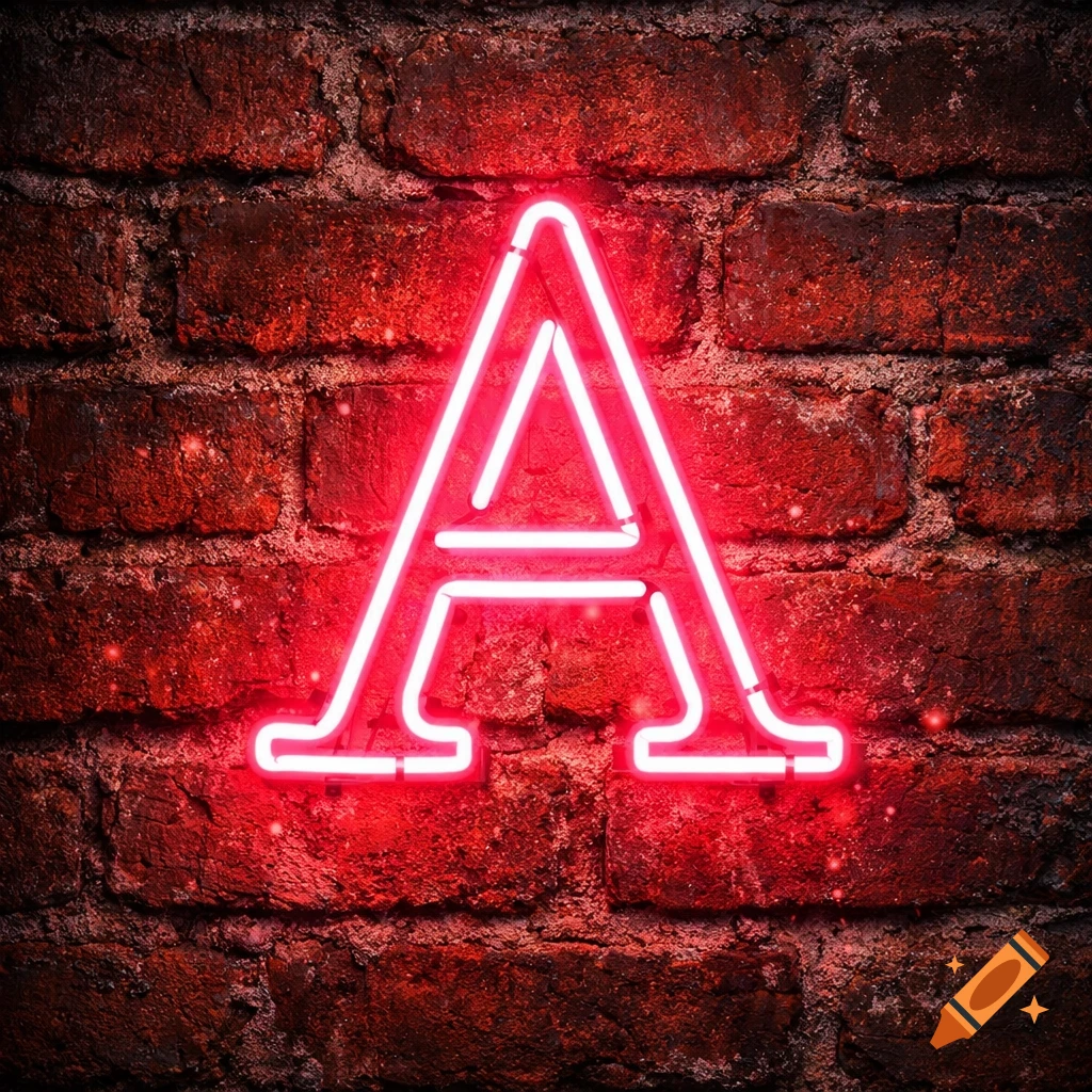 A glowing red neon letter A mounted on a dark brick wall.