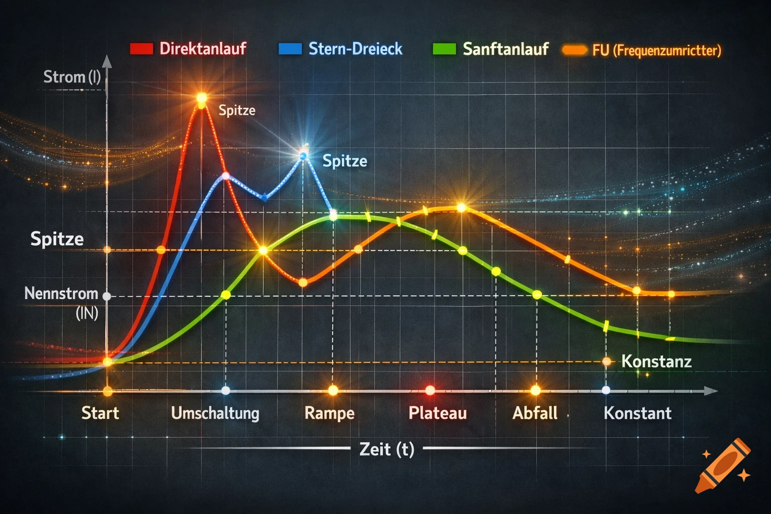 A technical line graph on a dark background showing four different electrical current profiles (Direktanlauf, Stern-Dreieck, Sanftanlauf, FU) over time, with labels like Spitze, Nennstrom, Start, Umschaltung, Rampe, Plateau, Abfall, and Konstanz.