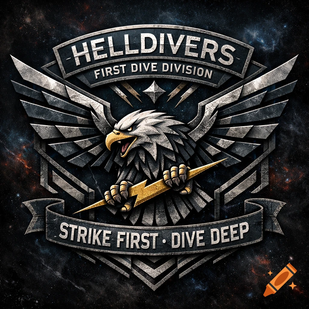 Military-style emblem with a fierce eagle holding a lightning bolt, text 'HELLDIVERS FIRST DIVE DIVISION' and 'STRIKE FIRST • DIVE DEEP' on a starry background.