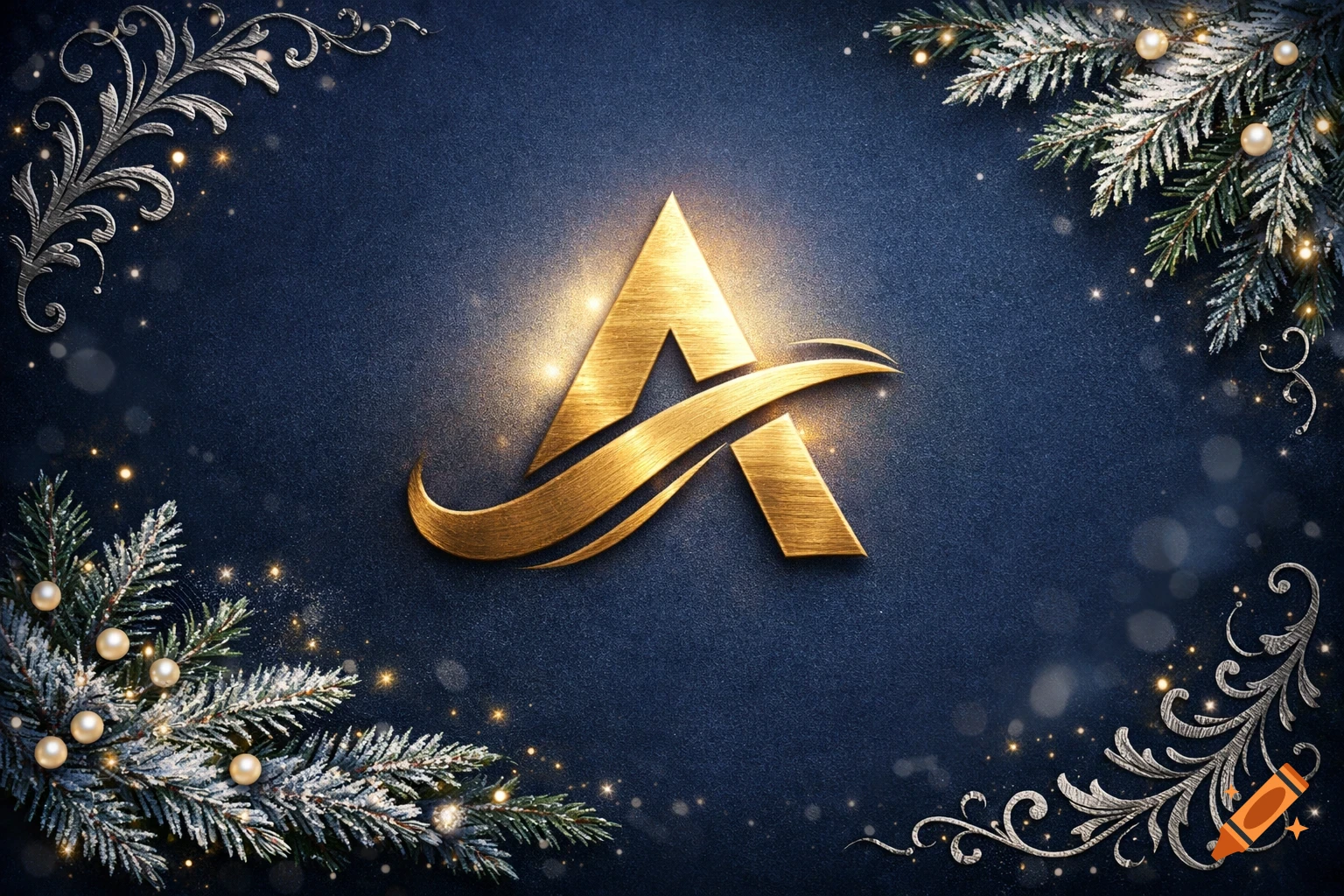 A shiny golden letter 'A' logo surrounded by frosted fir branches, silver ornate scrolls, and glowing particles on a dark blue textured background.