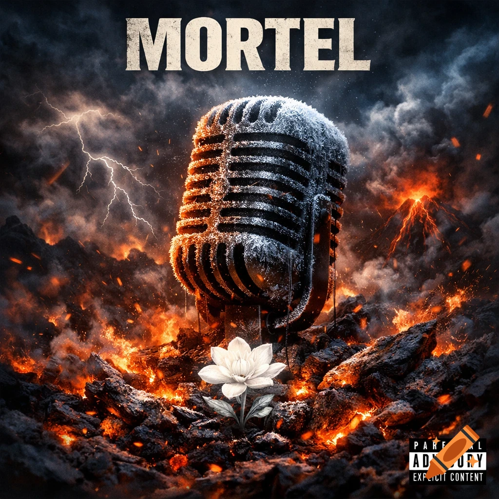 Dramatic album cover with a frosted microphone in smoldering ashes, a white flower, lightning, and dark stormy clouds, titled 'MORTEL'.