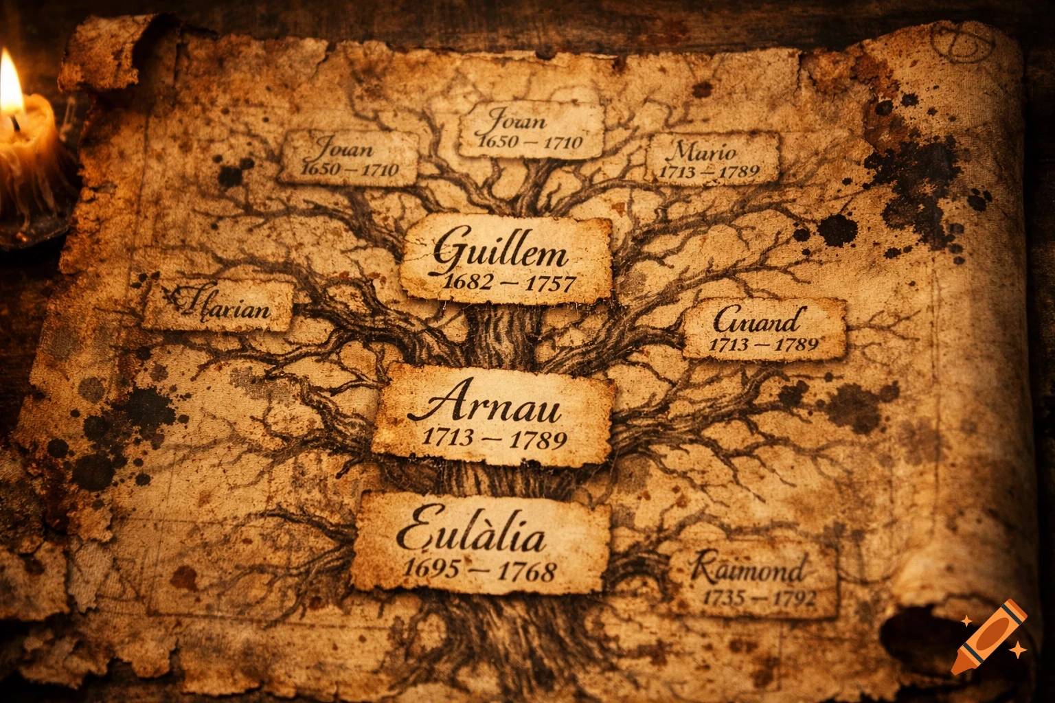 An old, textured parchment displays a family tree with names and dates written on torn paper cutouts, illuminated by a glowing candle to the left, in a mysterious, antique style.