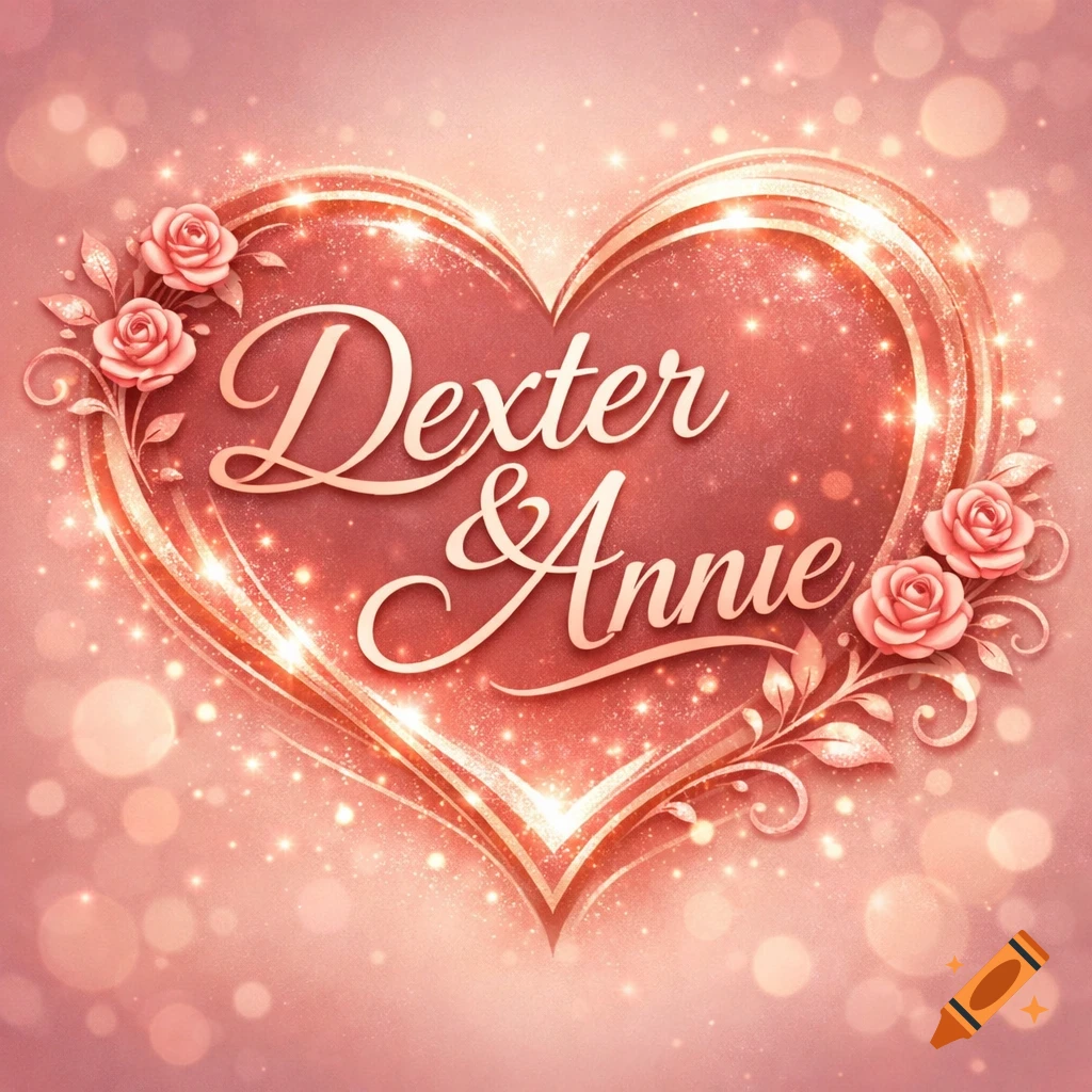 A glittery pink heart adorned with roses, featuring the names 'Dexter & Annie' in decorative script on a soft bokeh background.
