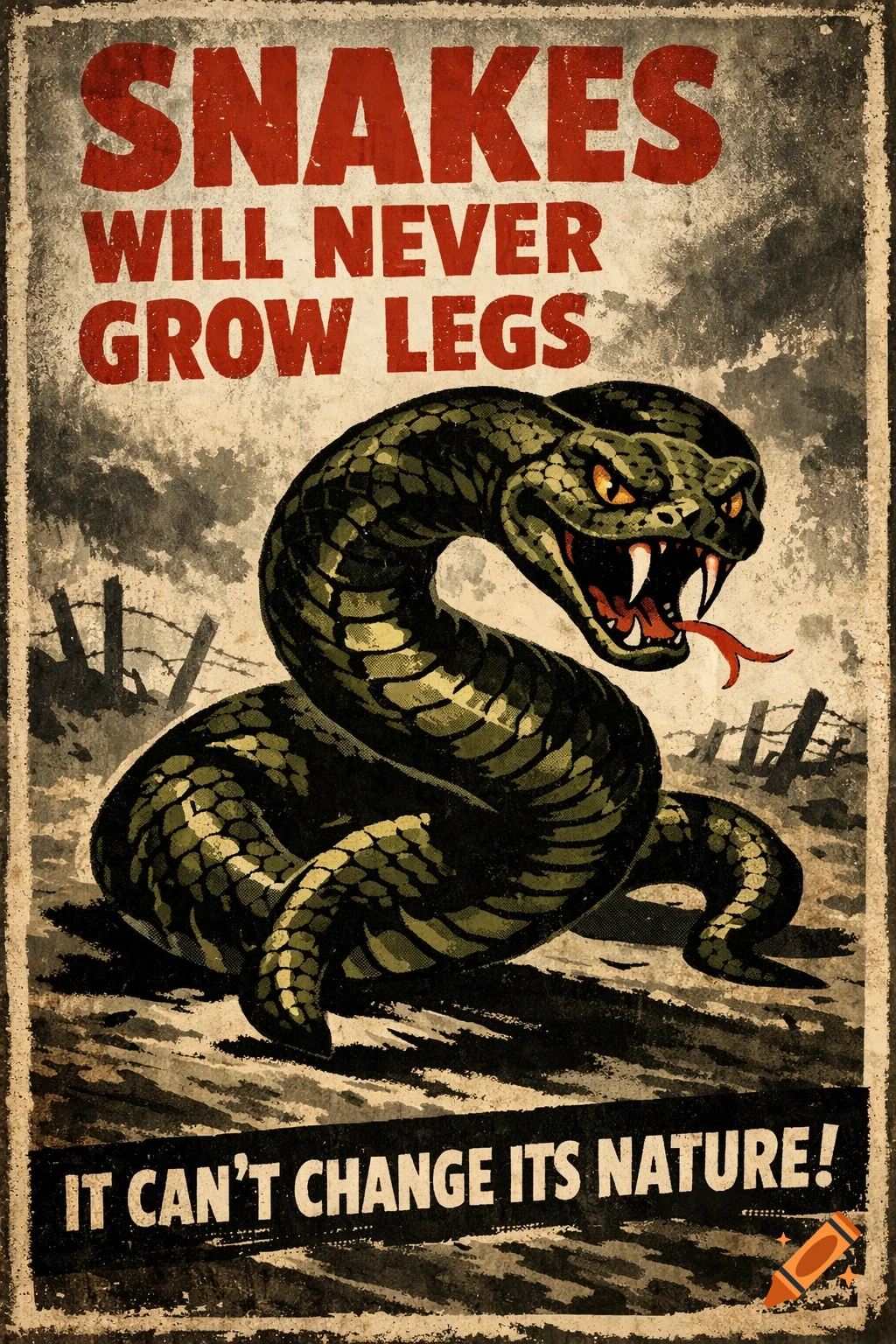 A vintage propaganda poster with a menacing green snake, fangs bared, with text 'SNAKES WILL NEVER GROW LEGS IT CAN'T CHANGE ITS NATURE!'.
