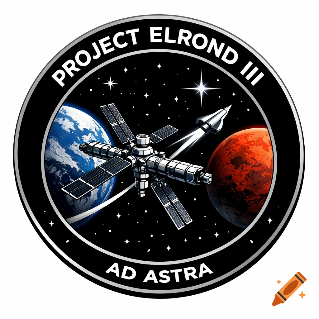 A circular space mission badge featuring a space station between Earth and Mars, with a rocket flying past. Text reads 'PROJECT ELROND III AD ASTRA'.