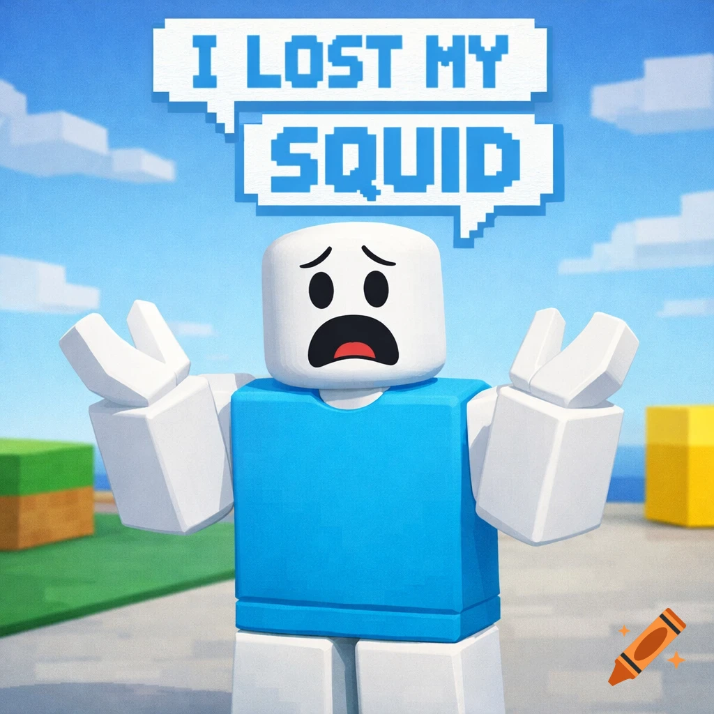 A sad Roblox character in a blocky world with a speech bubble that reads 'I LOST MY SQUID'.
