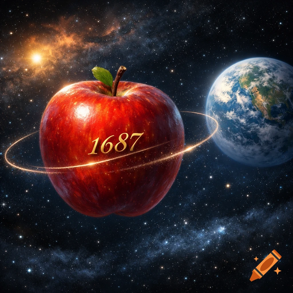 A red apple with '1687' inscribed on it floats in space, orbited by a golden ring, with Earth and stars in the background.