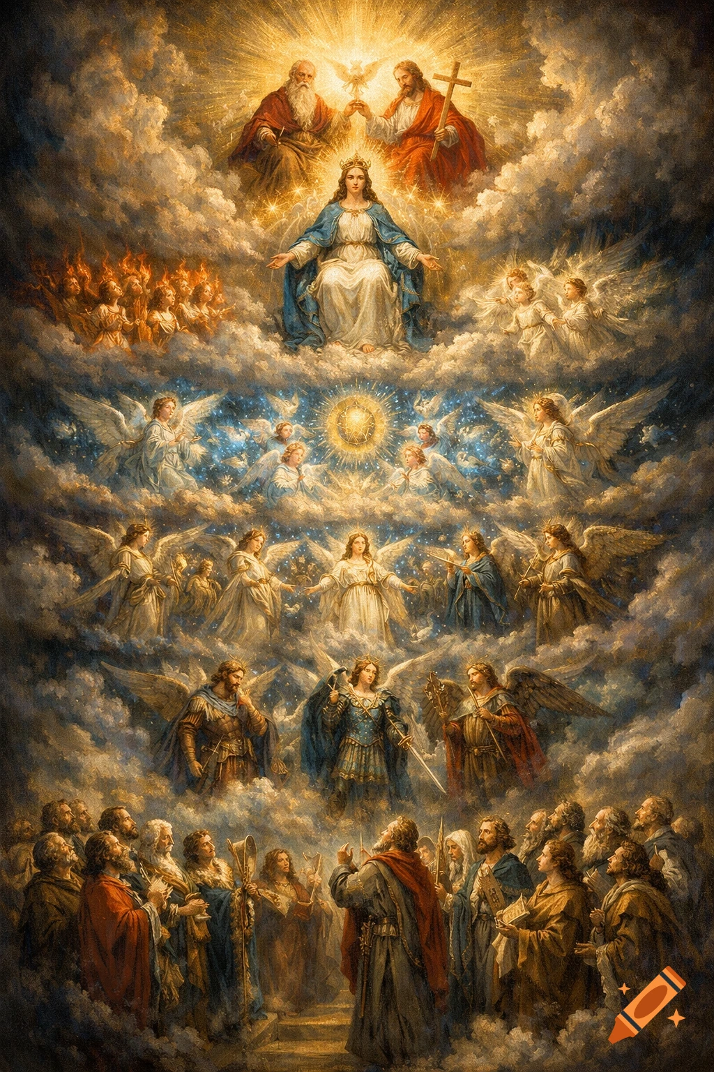 A classical painting showing the Catholic spiritual hierarchy in tiers: God, Jesus, Holy Spirit at the top, Mary, angels, and saints below, amidst clouds and light.