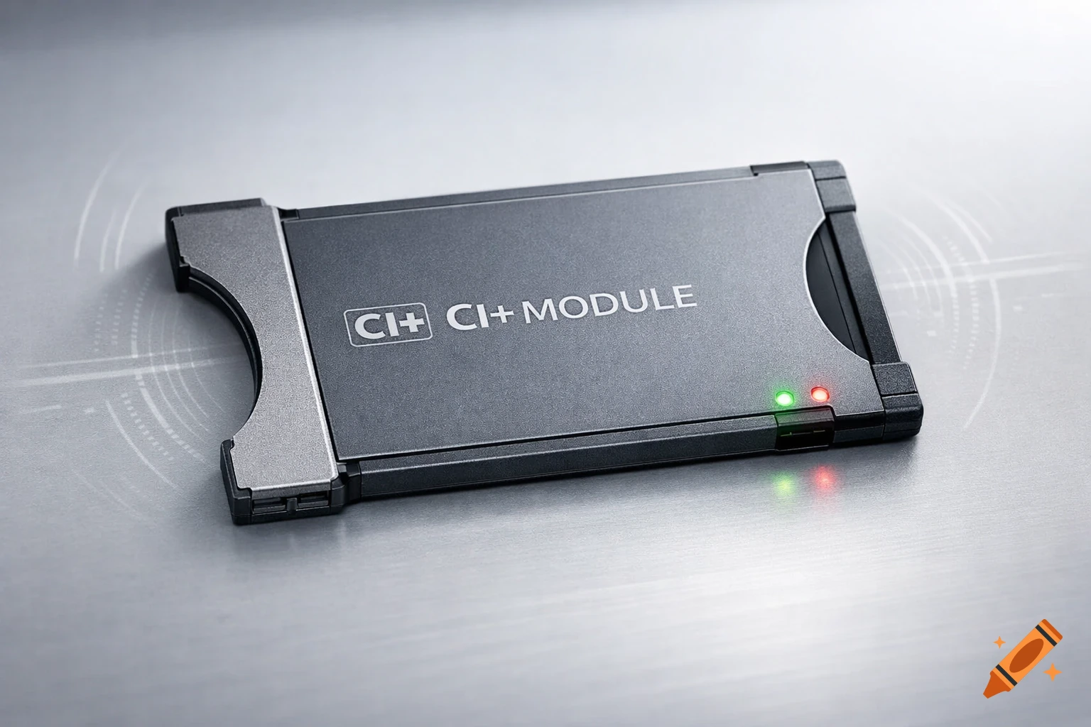 A gray CI+ module with text "CI+ CI+ MODULE" on its surface, featuring illuminated green and red LED lights on a metallic background.