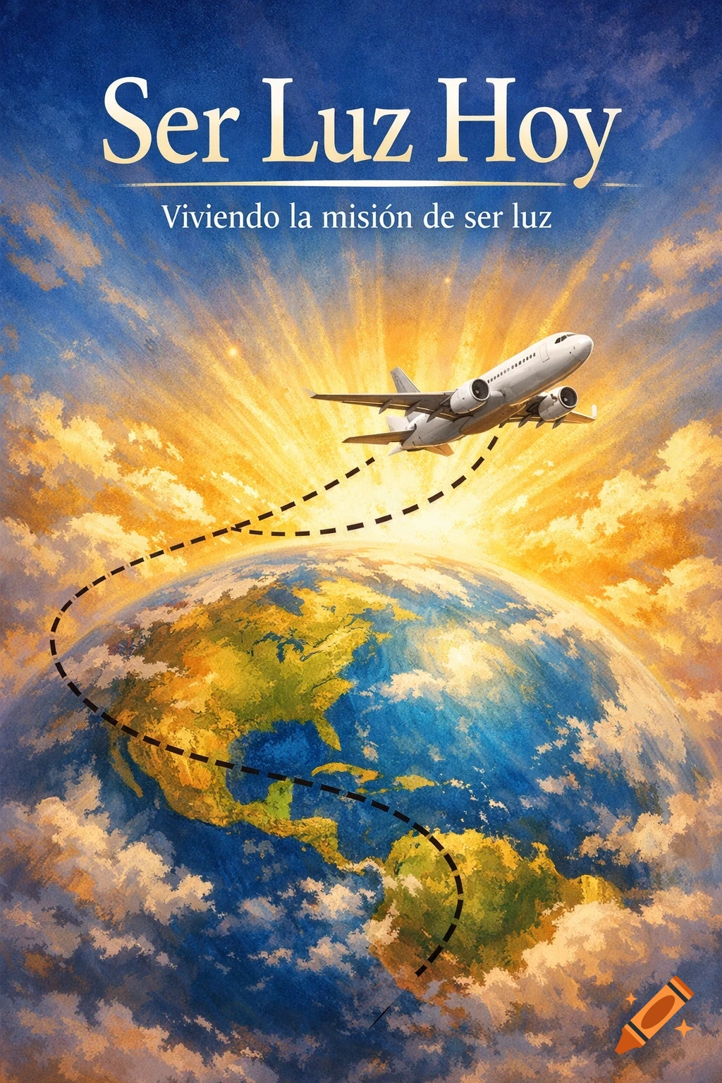Illustrated book cover titled 'Ser Luz Hoy' showing a white airplane flying over the Earth with a sunburst and dashed travel path.