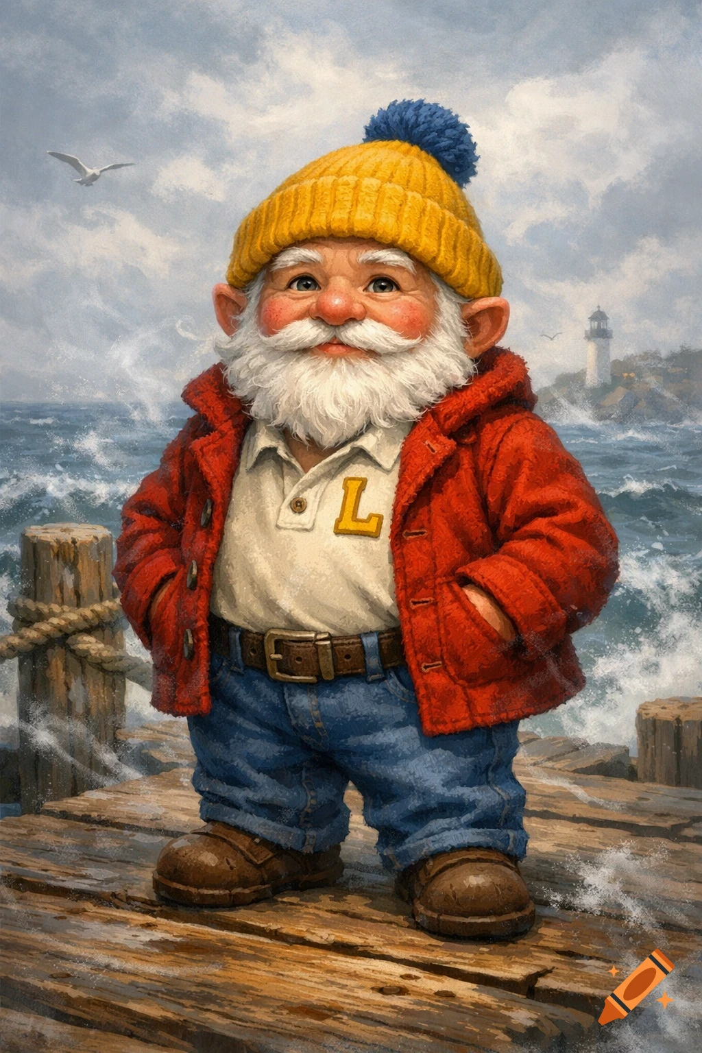 A cheerful coastal gnome with a white beard, yellow beanie, red jacket, and blue jeans stands on a wooden dock by the sea with a lighthouse in the background, in a painterly style.