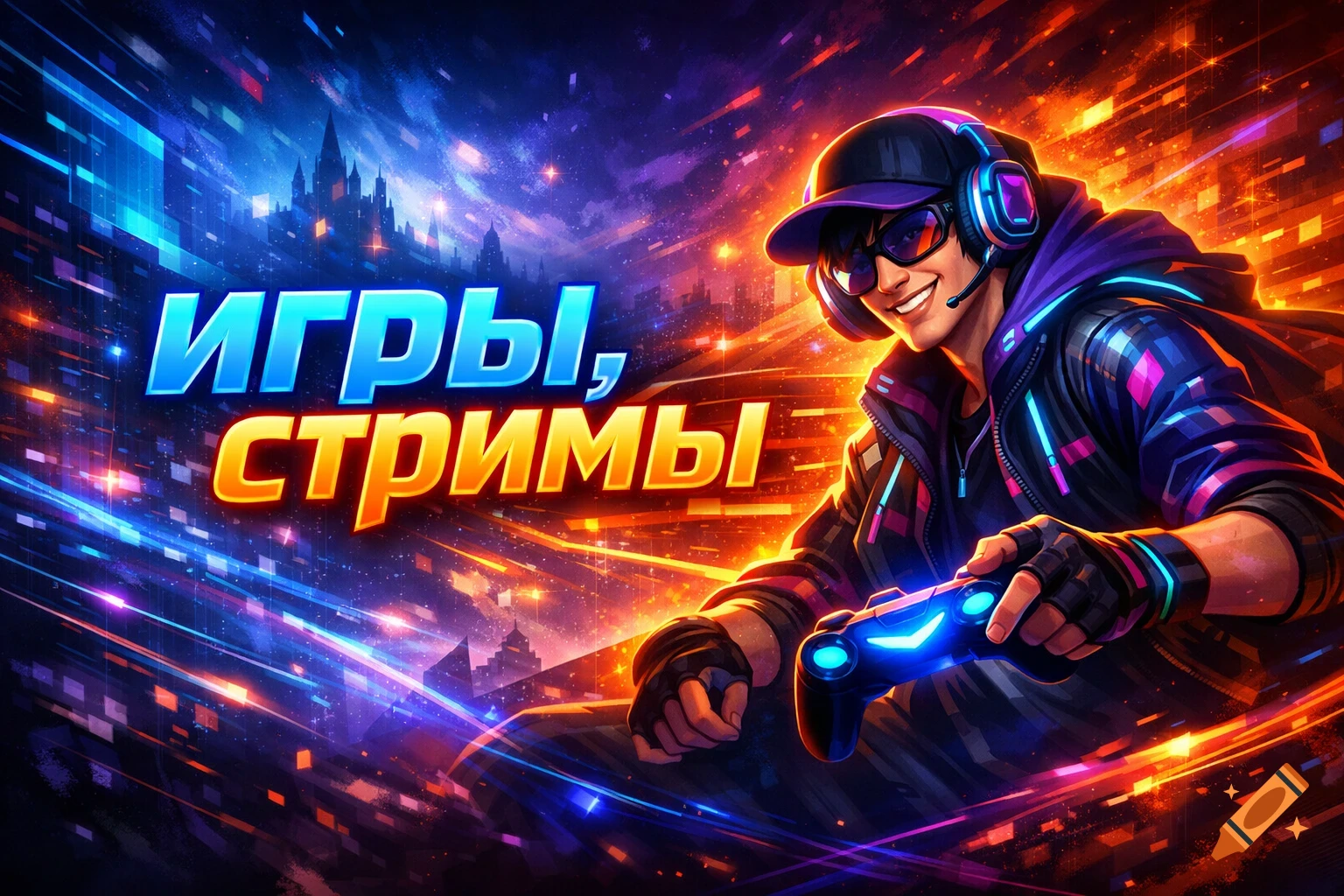A vibrant digital illustration of a smiling person playing a video game with a glowing controller. Text: "ИГРЫ, СТРИМЫ".