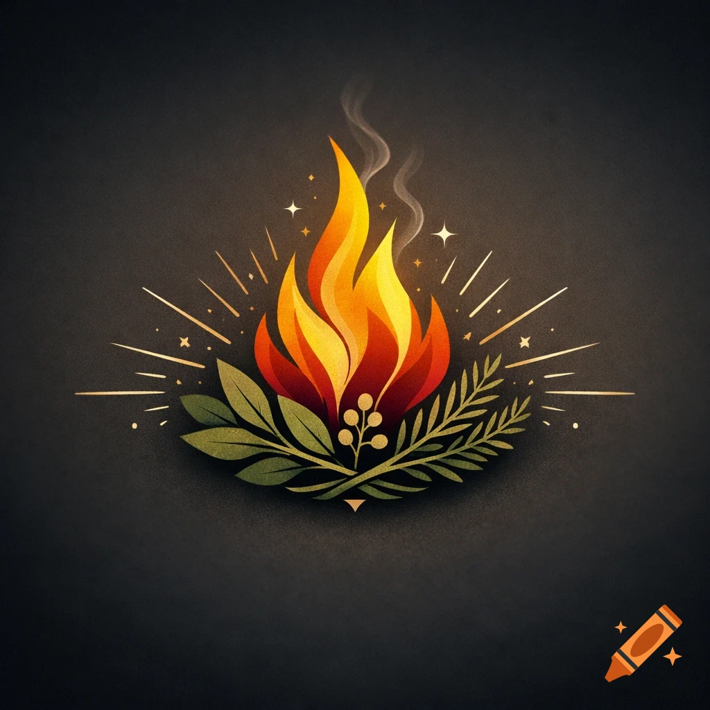 A stylized golden-red fire with green leaves and golden sparkles on a dark background in a minimalist style.