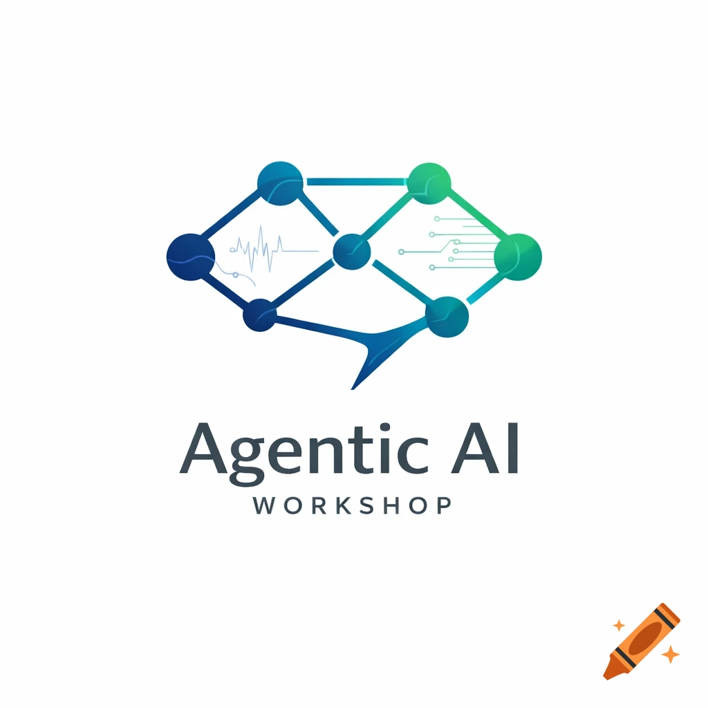 A logo for Agentic AI Workshop, featuring a stylized brain or network of connected nodes in blue and green gradients with text.