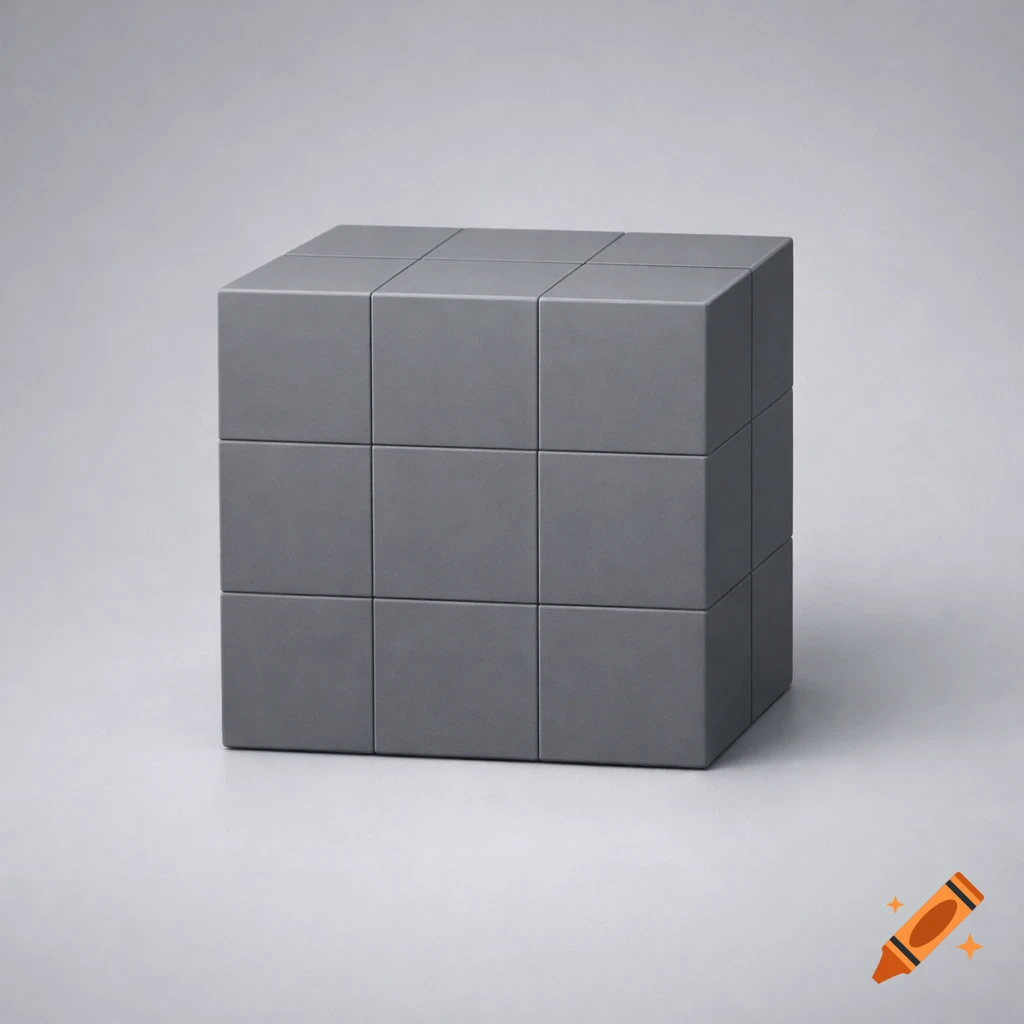 A 3x3 grid of plain gray square blocks forming a larger cube, set against a solid light gray background.