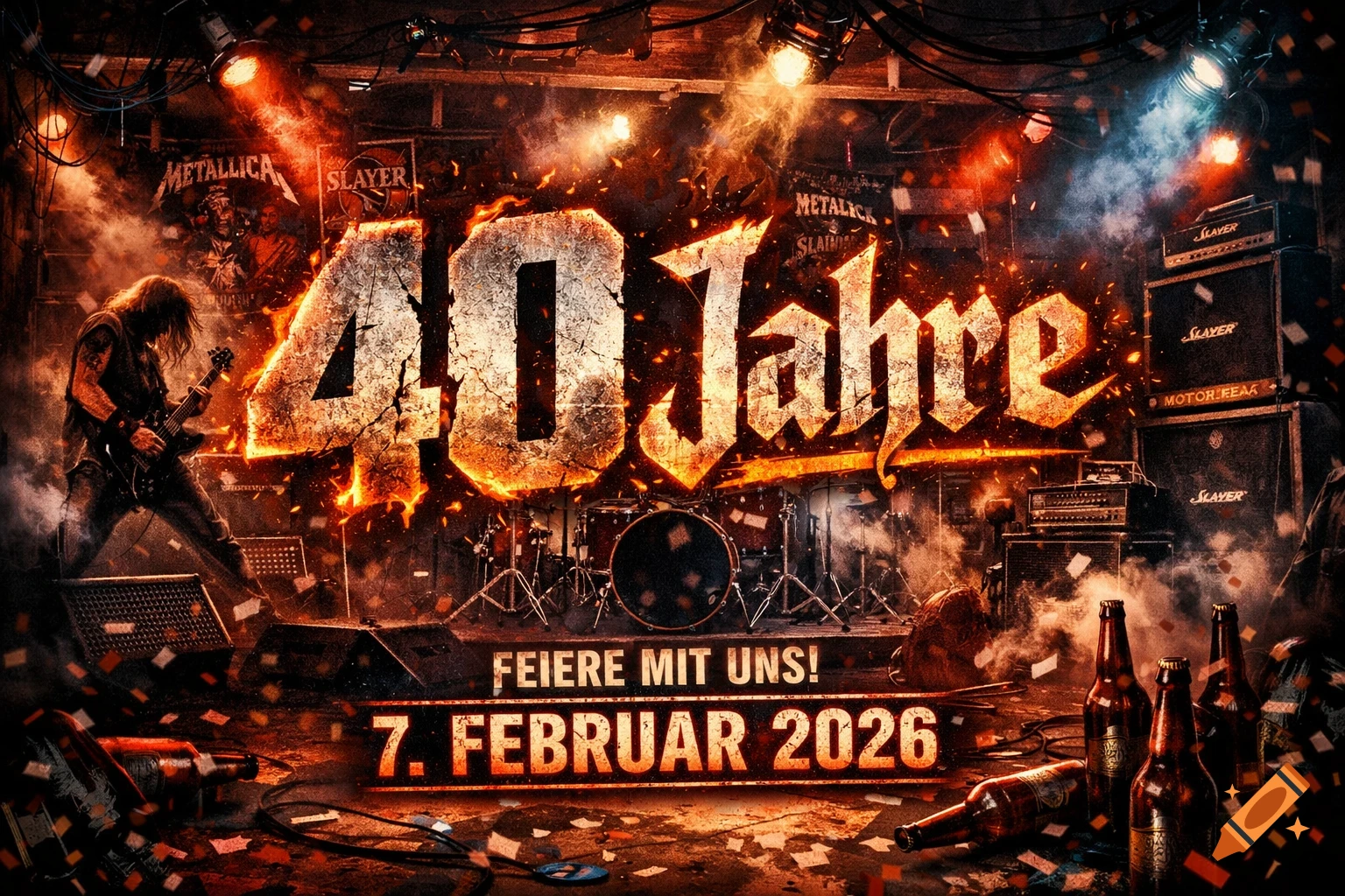 A fiery heavy metal concert scene in a garage, featuring a guitarist, drums, amplifiers, and text "40 Jahre FEIERE MIT UNS! 7. FEBRUAR 2026"