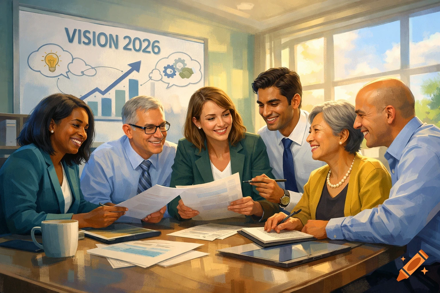 Diverse professionals smile and collaborate at a meeting table, reviewing documents with a 'VISION 2026' whiteboard.