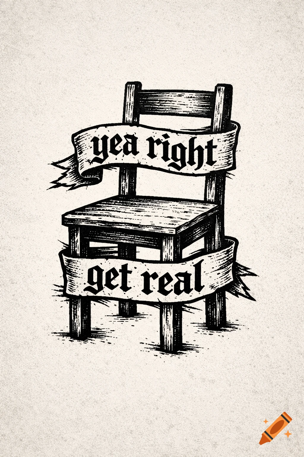 Black and white tattoo-style illustration of a wooden chair with "yea right" and "get real" on banners.