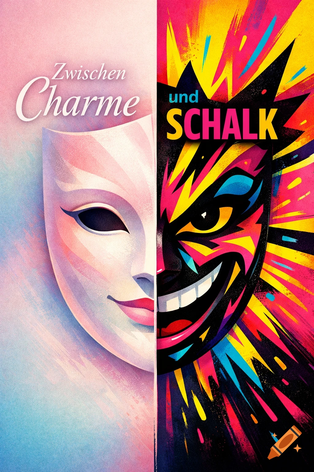 A poster with contrasting mask halves: a soft, serene pastel half and a vibrant, mischievous, abstract half. Text: 'Zwischen Charme und SCHALK'.