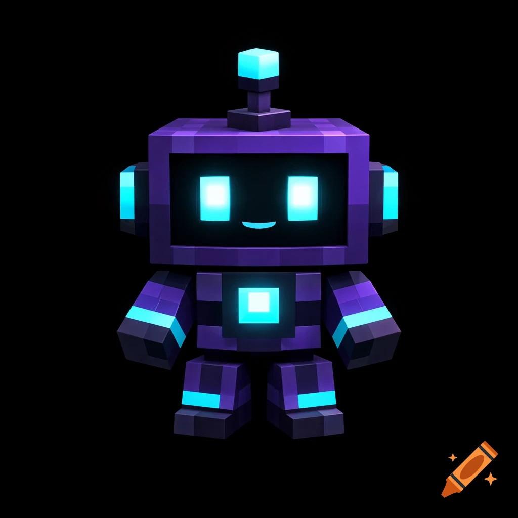 A Minecraft-style blocky robot mascot in purple and black with glowing cyan eyes and accents, against a dark background.